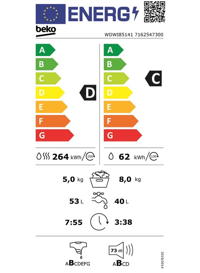 Beko WDWI85140 inbouw wasdroogcombinatie