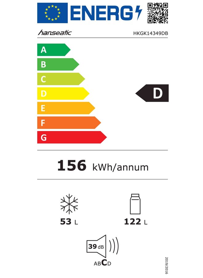 Hanseatic HKGK14349DB | Koelvriescombinatie | 143 cm | Zwart