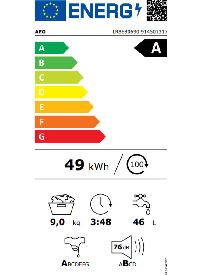 AEG LR8E80690 wasmachine 9 kg | Stoom | 1600 toeren