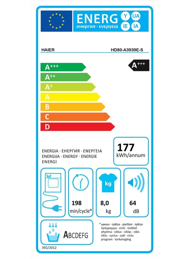Haier HD80-A3939E-S  warmtepompdroger | A+++ | 8 kg
