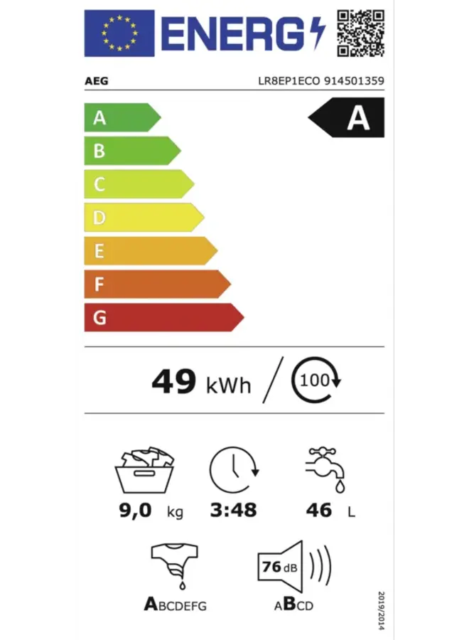 AEG LR8EP1ECO wasmachine 9 kg | PowerCare | 1600 toeren