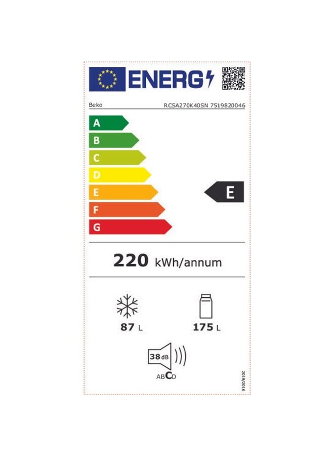 Beko RCSA270K40SN koelvriescombinatie