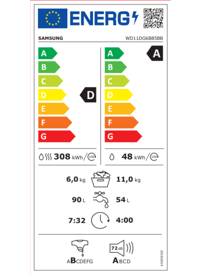 Samsung WD11DG6B85BB wasdroogcombinatie 11/6 kg AI Wash