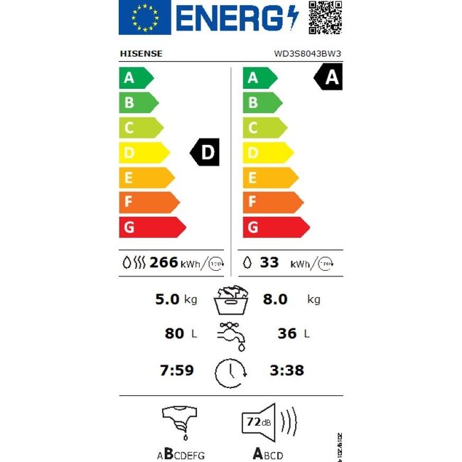 Hisense | WD3S8043BW3 | Wasdroogcombinatie | 8 kg | Stoom | Wifi