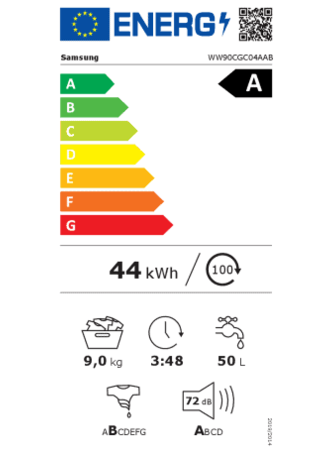 Samsung WW90CGC04AAB wasmachine | 9 kg | Zwart | A label