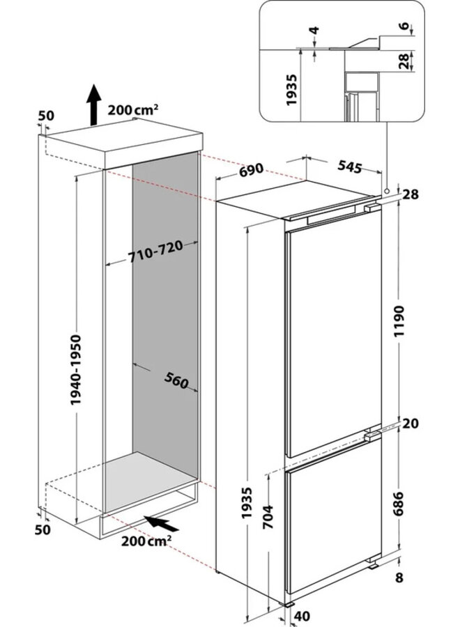 Bauknecht B70 410 2 | Inbouw koelvriescombinatie | 70 cm