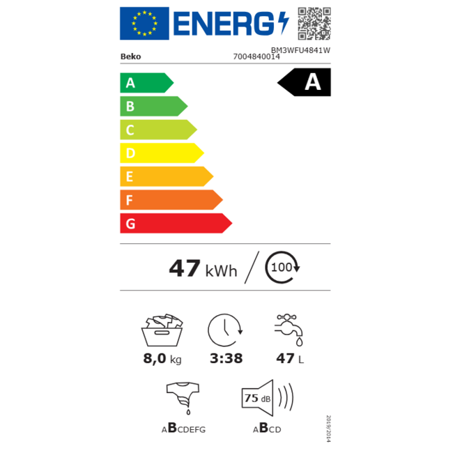 Beko BM3WFU4841W  | wasmachine | 8 kg | EnergySpin | A label