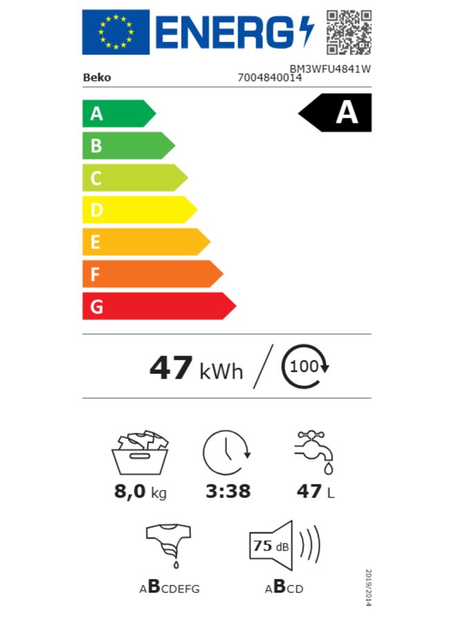 Beko BM3WFU4841W  | wasmachine | 8 kg | EnergySpin | A label