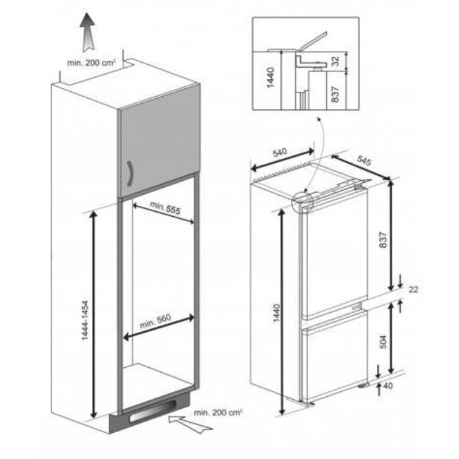 Beko BCSA240K3SN  inbouw koelvriescombinatie 144 - 145  cm