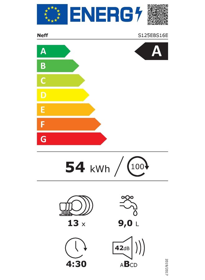 Neff S125EBS16E | Onderbouw vaatwasser | RVS | Energieklasse A