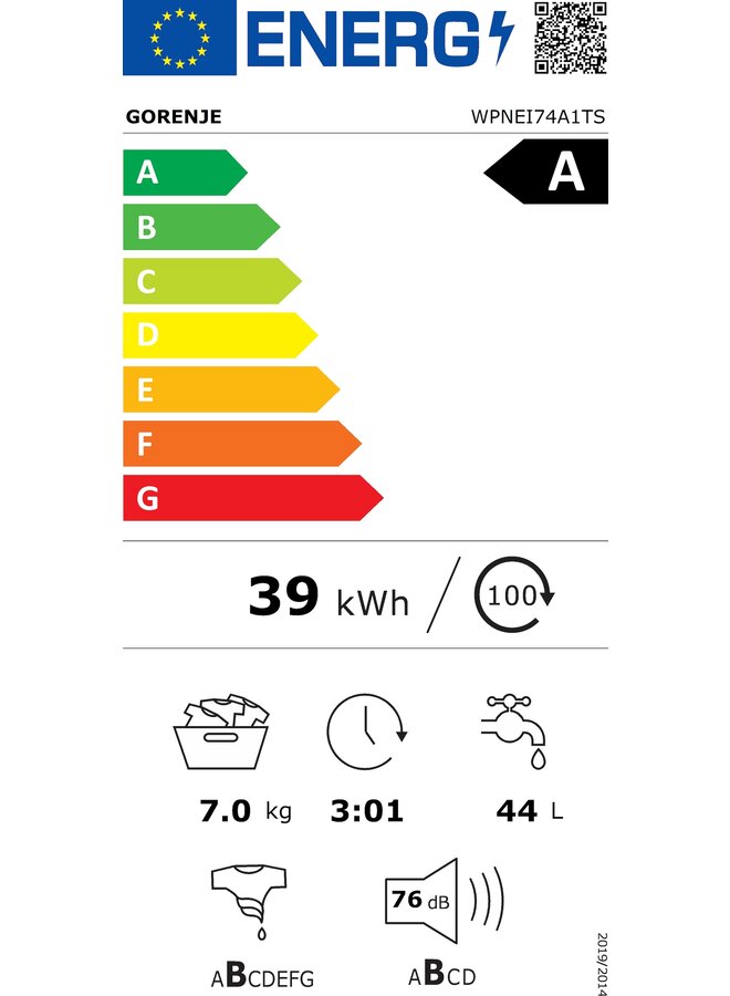 Gorenje WPNEI74A1TS | Wasmachine | Label A | 7 kg