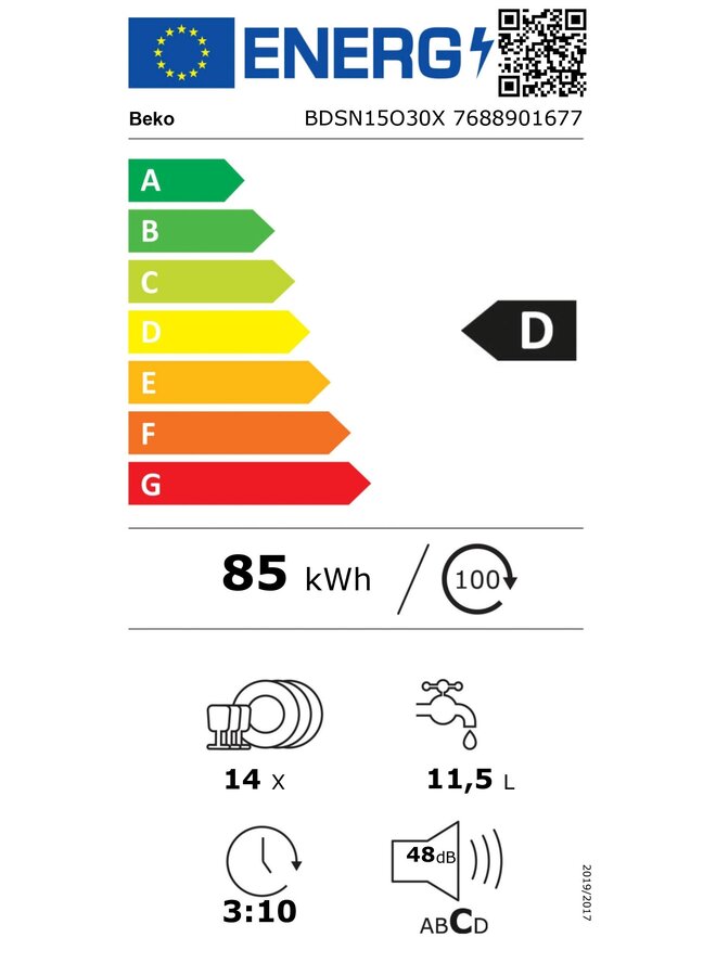 Beko BDSN15O30X | Half geintegreerde vaatwasser | 60 cm | RVS | SelfDry