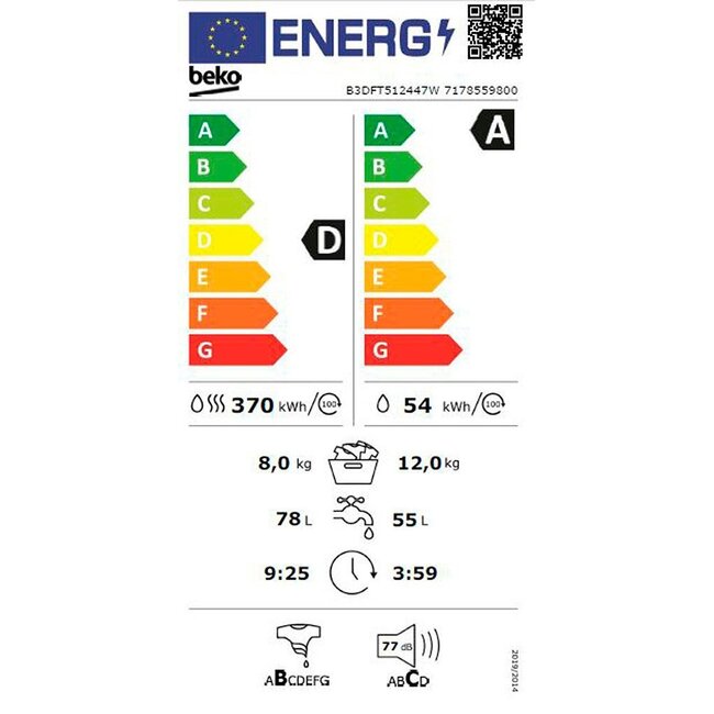 Beko B3DFT512447W | wasdroogcombinatie | 12 - 8 kg