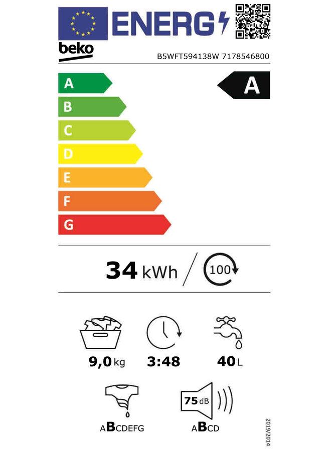 Beko B5WFT594138W | Wasmachine | 9 kg