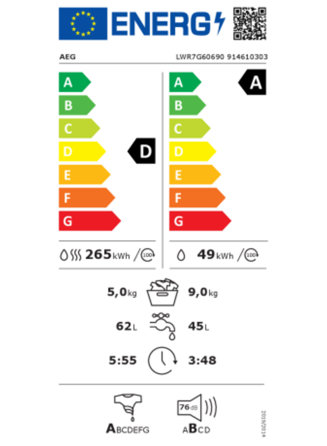 AEG LWR7G60690 | Wasdroogcombinatie | 1600 toeren 9-5 kg