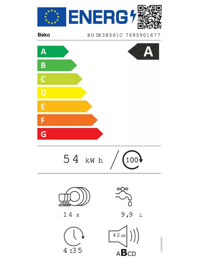 Beko BDIN38561C | Inbouw vaatwasser | A label