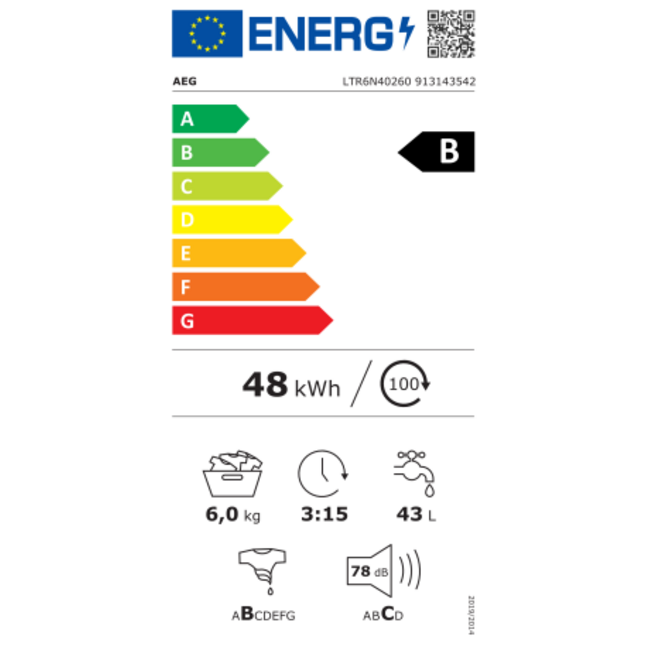AEG LTR6N40260 | Bovenlader wasmachine | B label