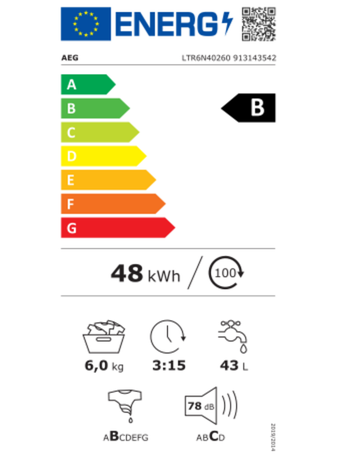 AEG LTR6N40260 | Bovenlader wasmachine | B label