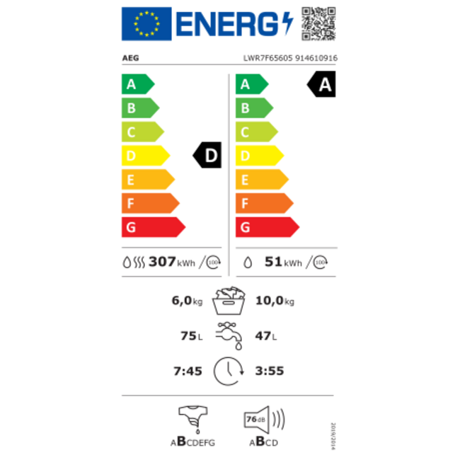 AEG LWR7F65605 | Wasdroogcombinatie 10-6 kg | 1600 toeren