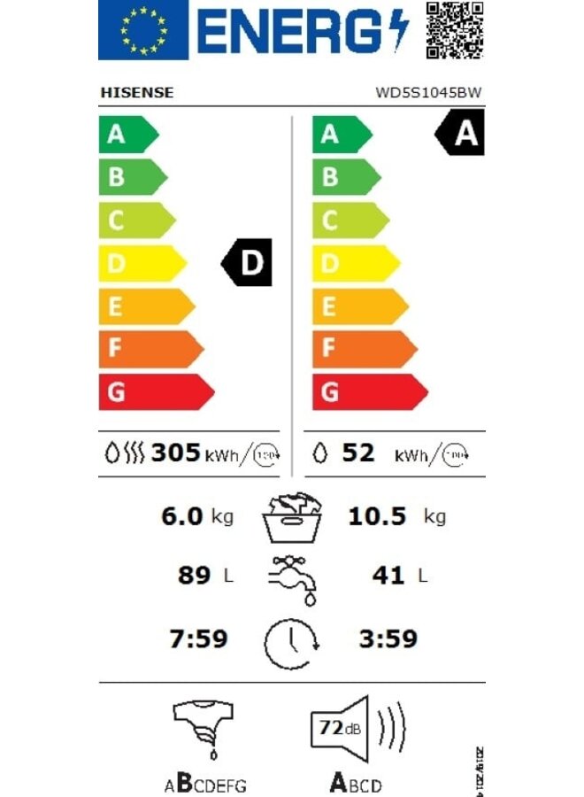 Hisense WD5S1045BW | Wasdroogcombinatie | 10.5 kg