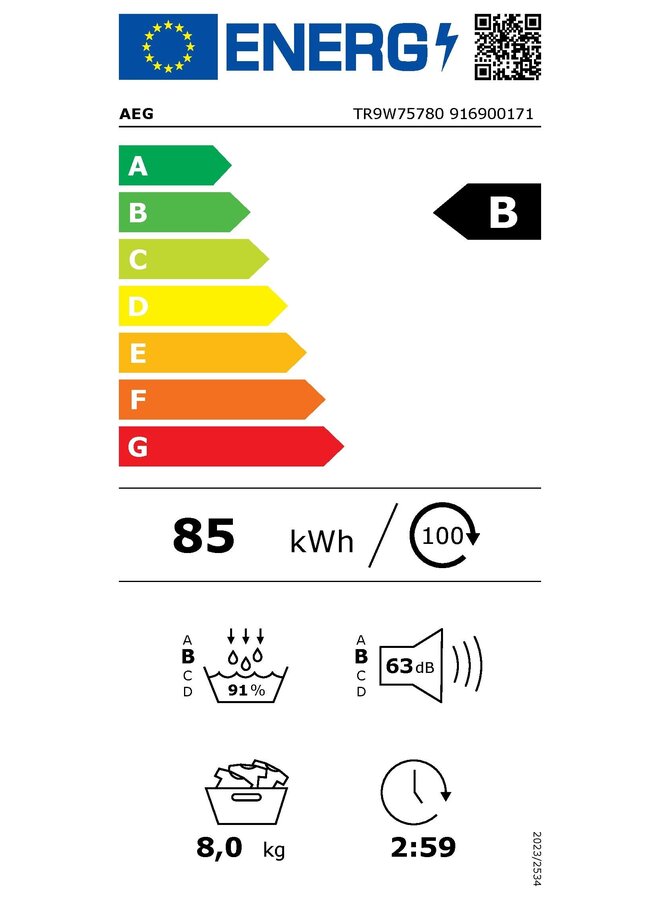 AEG TR9W75780 | Warmtepompdroger | 8 kg | B
