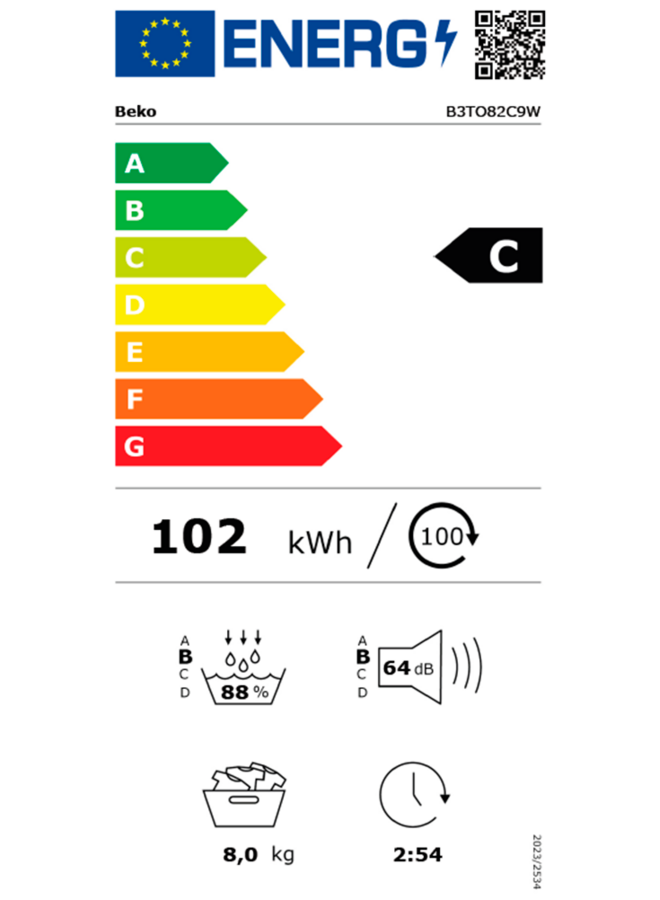 Beko B3TO82C9W | Warmtepompdroger | 8 kg | C Label