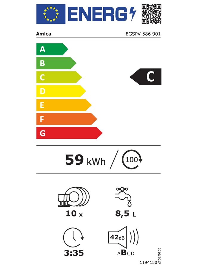 Amica EGSPV 586 901 | Inbouw vaatwasser | 45 cm | C