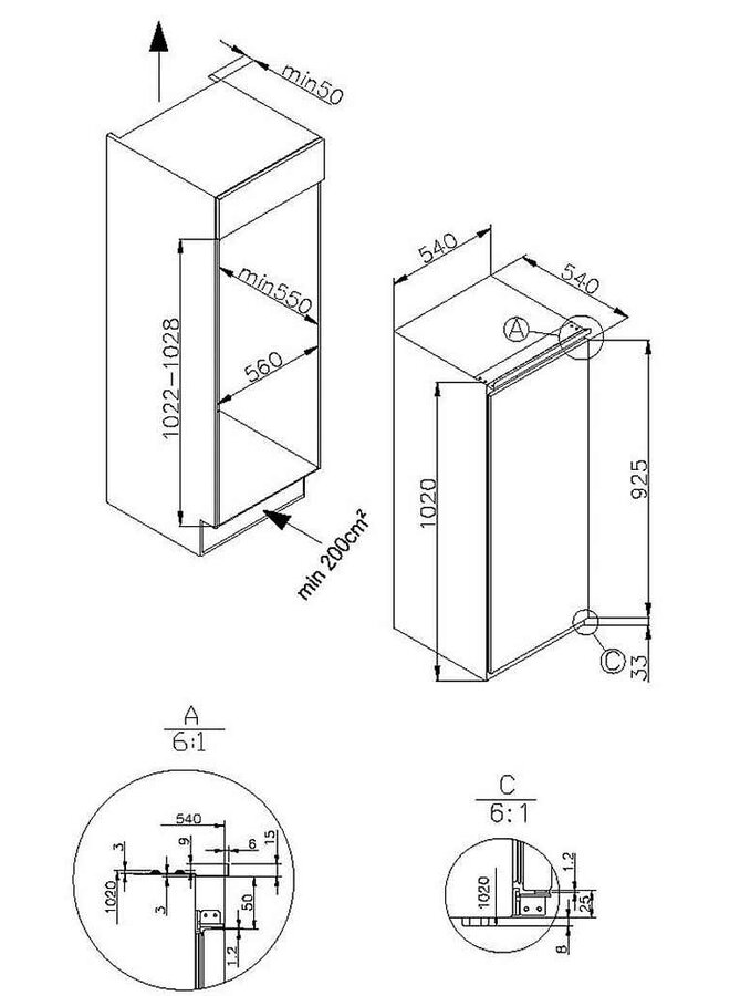 Amica EKSS 361 226 | Inbouwkoelkast | 102 cm | Sleepdeur