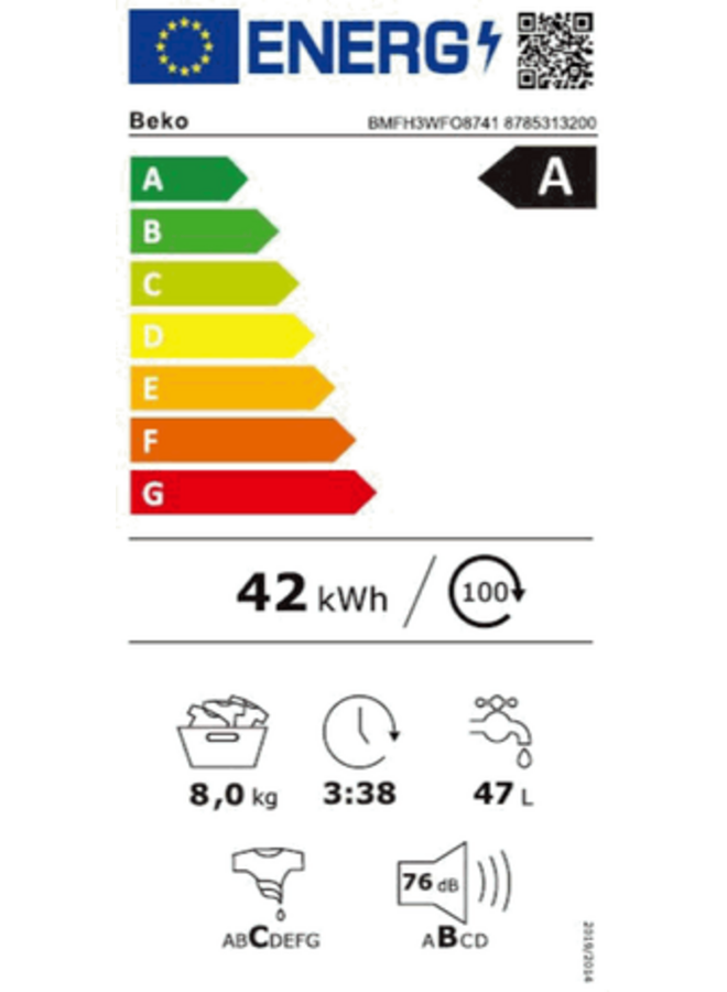 Beko BMFH3WFO8741 | Wasmachine | 8 kg | A | SteamCure