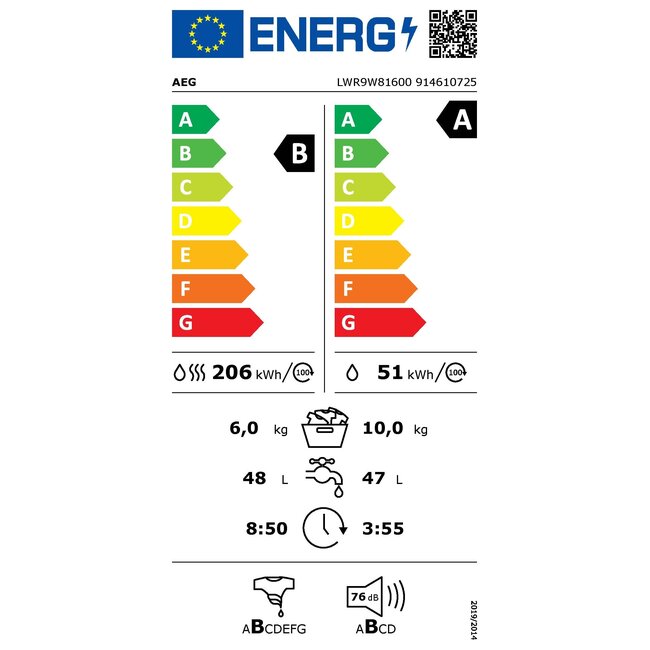 AEG LWR9W81600 | Wasdroogcombinatie | 10-6 kg | Warmtepomp