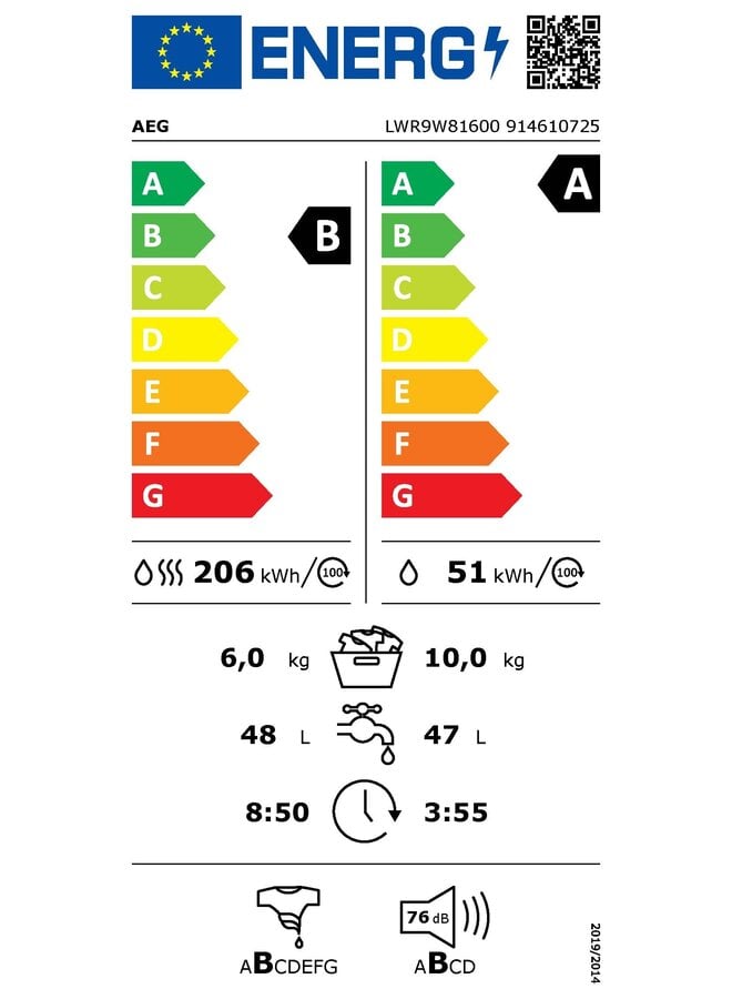 AEG LWR9W81600 | Wasdroogcombinatie | 10-6 kg | Warmtepomp