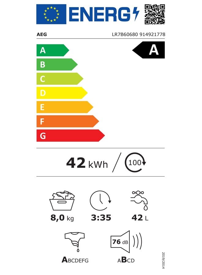 AEG LR7B60680 | Wasmachine | 8 kg | A | 1600 toeren