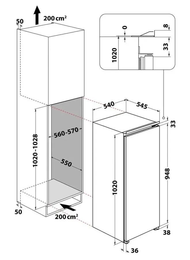 Privileg PRC 10VS2E | Inbouw koelkast | 102 cm | Sleepdeur