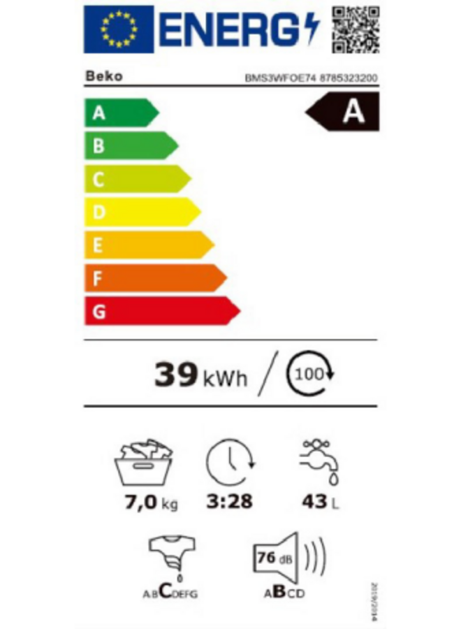 Beko BMS3WFOE74 | Wasmachine | 7 kg | Label A | (B)