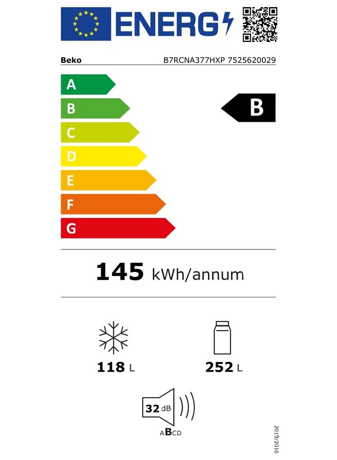 Beko B7RCNA377HXP | Koelvriescombinatie | B label