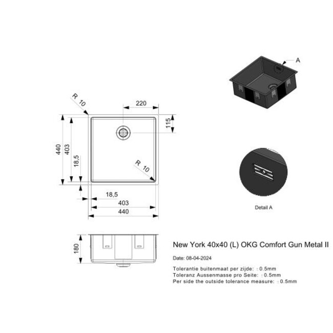 Reginox New York 40x40 Comfort Gun Metal II | Spoelbak