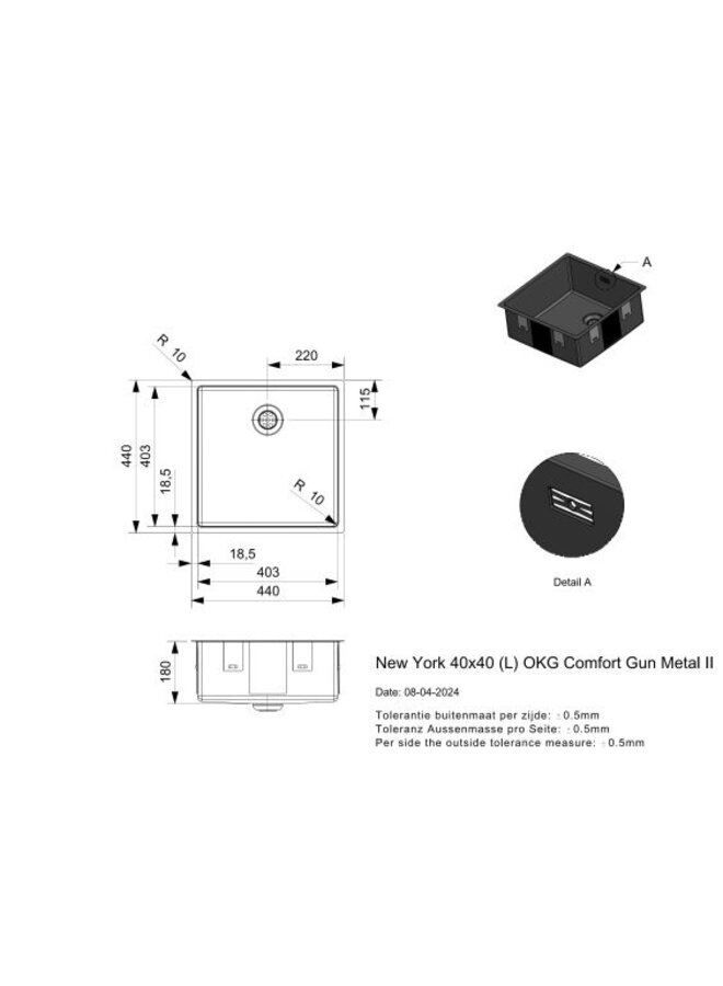 Reginox New York 40x40 Comfort Gun Metal II | Spoelbak