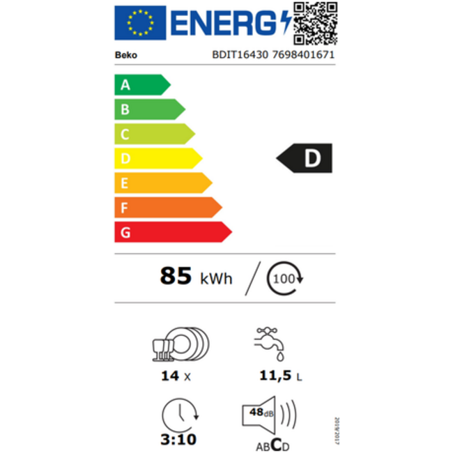 Beko BDIT16430 | Inbouwvaatwasser | XXL | D Label