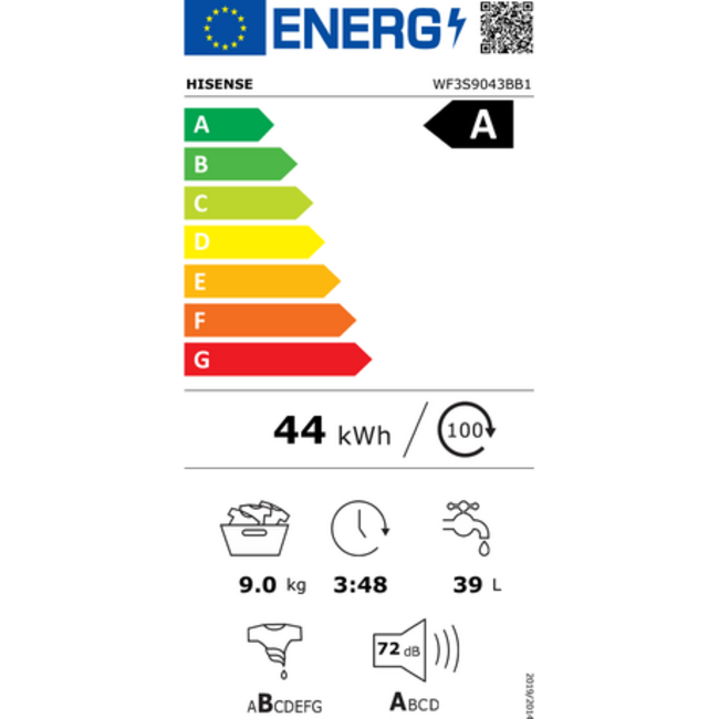 Hisense WF3S9043BB1 | Wasmachine | 9 kg | Zwart