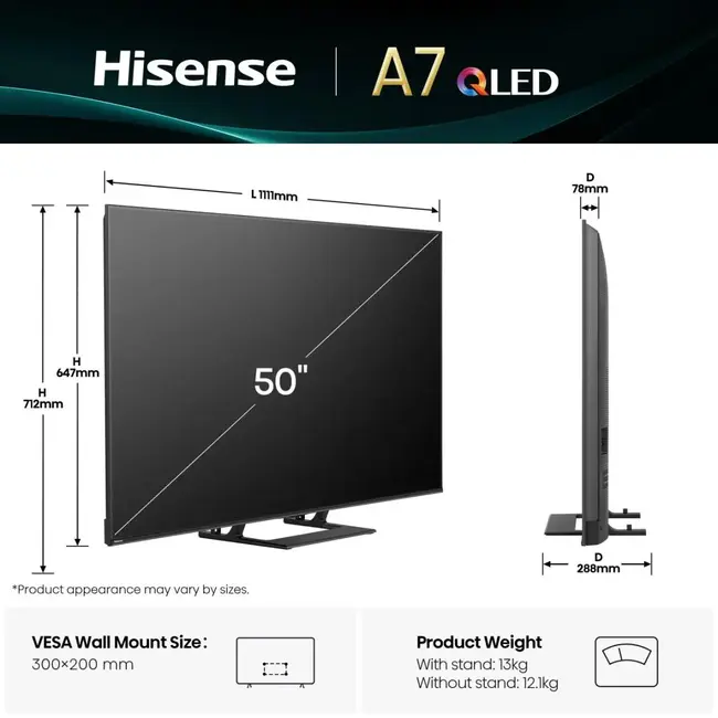 Hisense 50A7Q | Hi-QLED Smart TV 4K 60 Hz | 50 inch