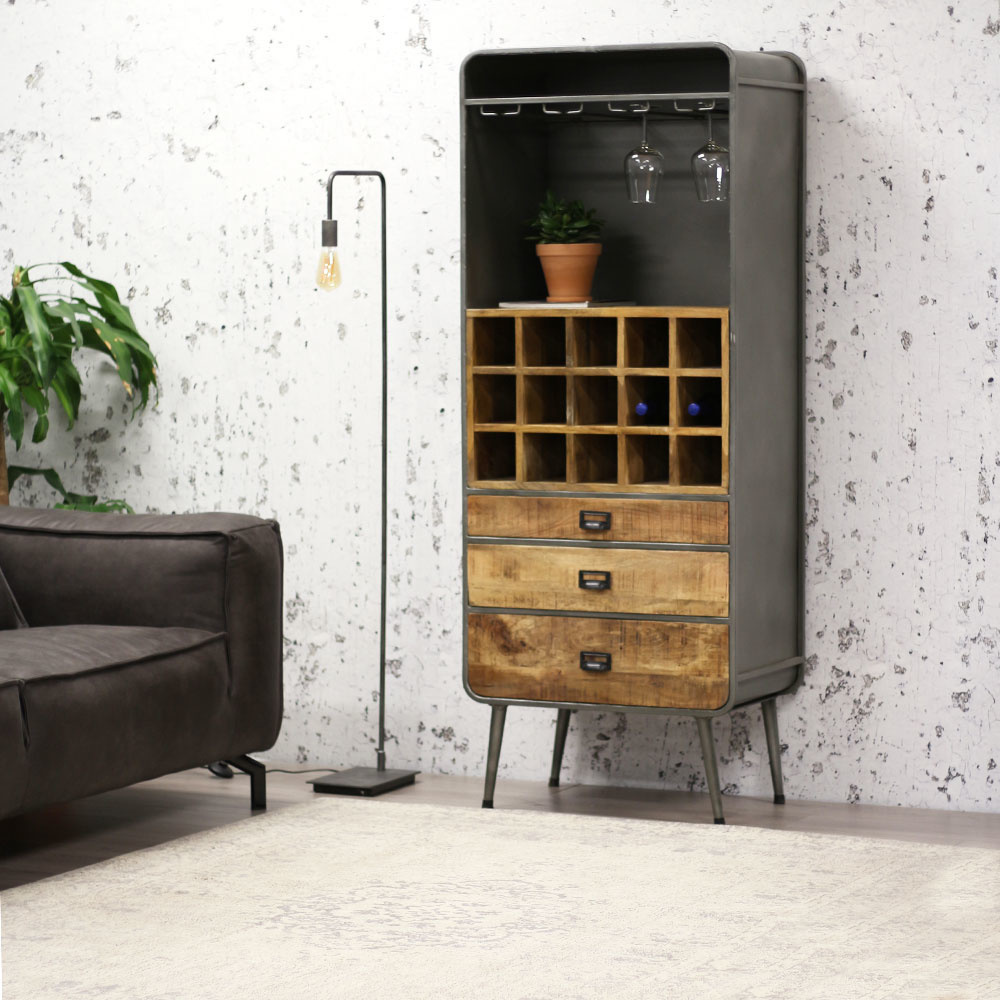 Weinschrank Provence Mangoholz Metall 180 x 70 cm - Gratis Versand