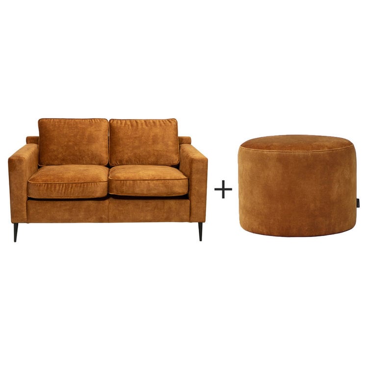 Samt Sofa 2-Sitzer Florida und Samt Hocker Beau ockergelb/cognac