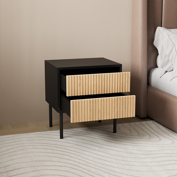 Nachttisch Yoka schwarz / Eiche hell 2 Schubladen
