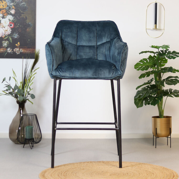 Barhocker Jaxon Samt mit Armlehne blau 82cm