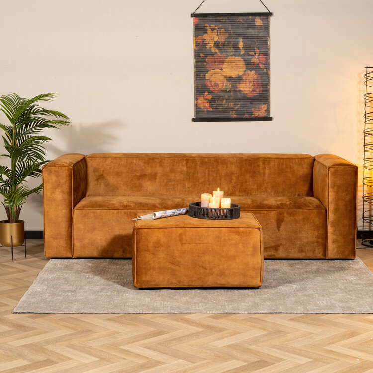 Samt Hocker Memphis rechteckig ockergelb/cognac