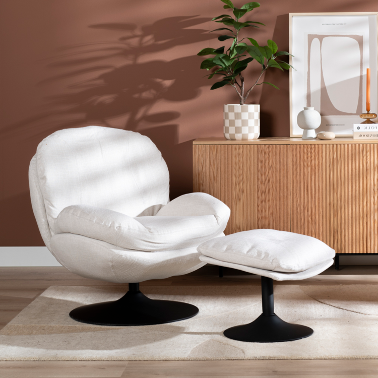 Sessel mit Hocker Isobel Leinen drehbar Off white