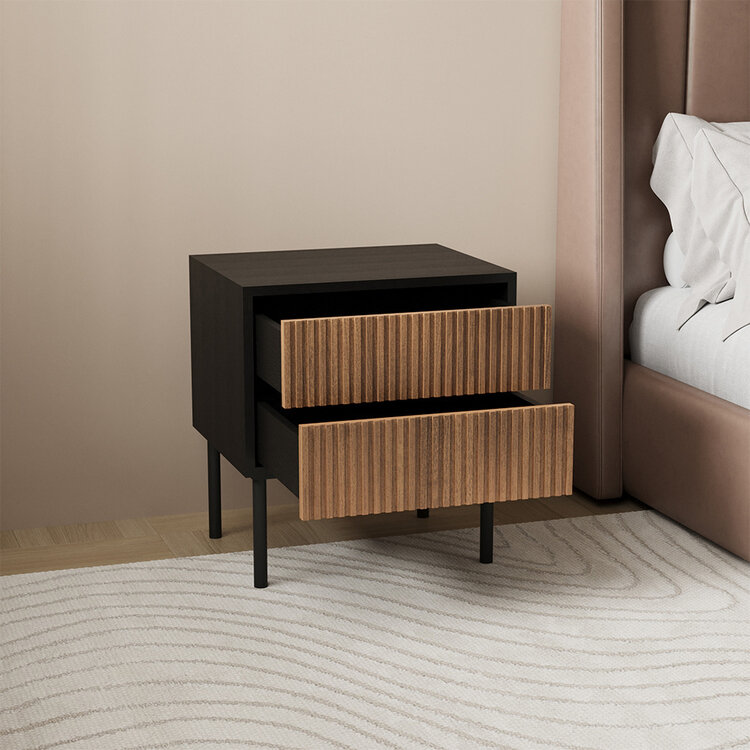 Nachttisch Yoka schwarz / Eiche dunkel 2 Schubladen
