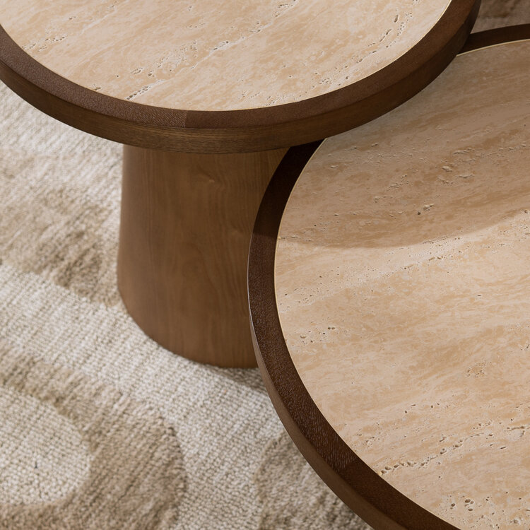 Couchtisch Set Mae Ø62 und Ø50 cm Eiche/Travetin