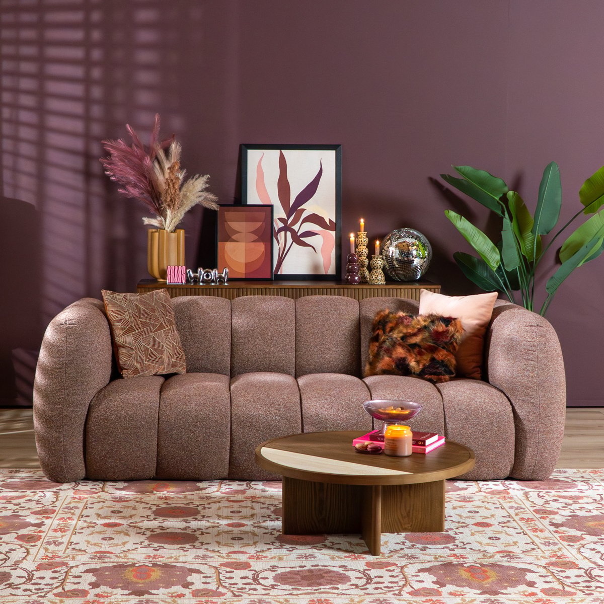 Chenille Sofa Luca 3-Sitzer rot/rosa