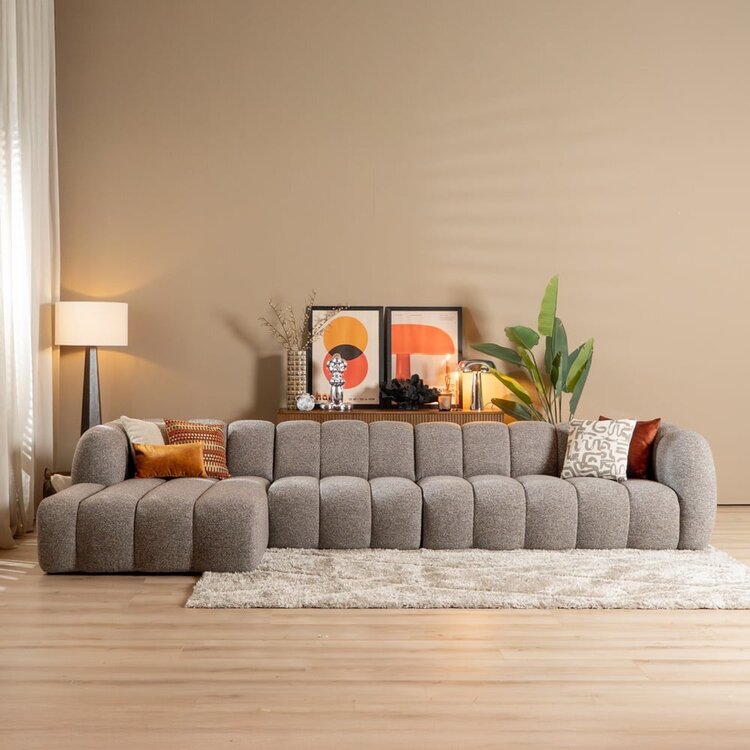 Ecksofa Luca XL aus Bouclé-Stoff braun/grau links